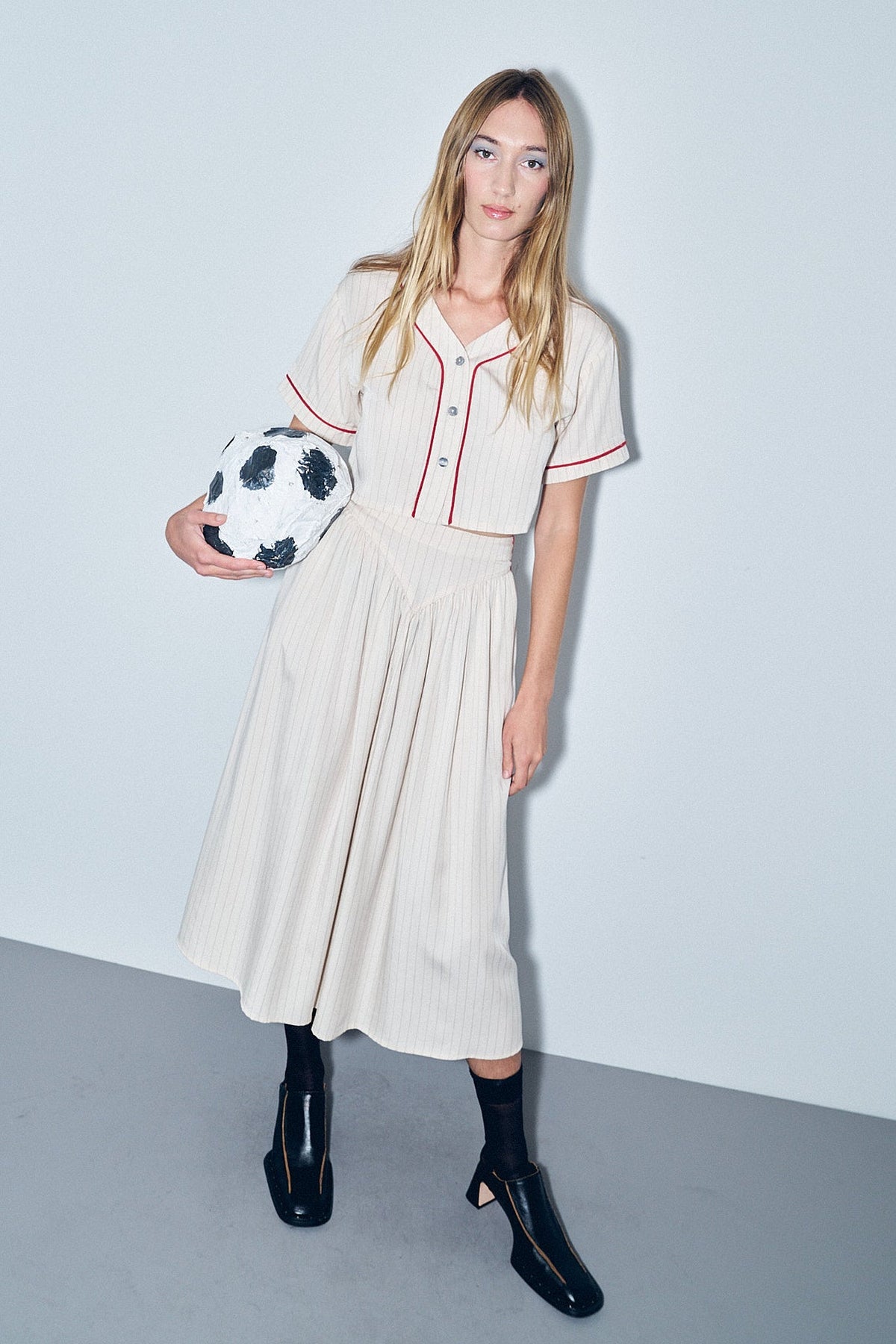 Baseball Park Skirt Tencel Stripe Cream