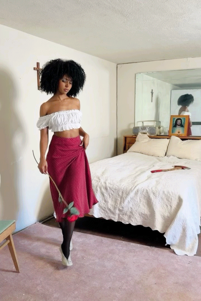 Office Bias Cut Skirt Tencel Stripe Maroon