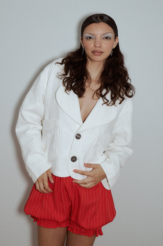 #1: XS Unisex Scrap Sawtooth Star Quilted Soft Linen Crop Coat - White