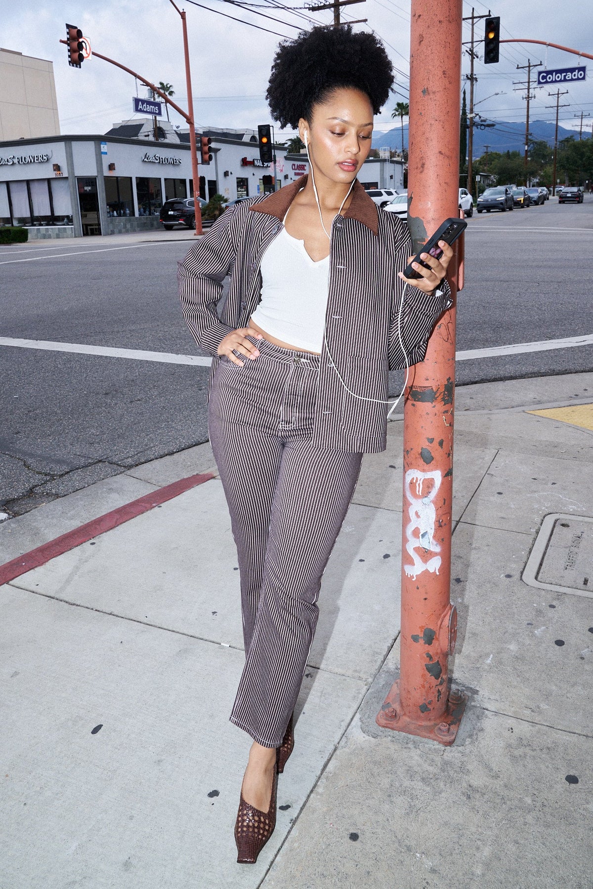 Brown Thin Striped Railroad Jeans