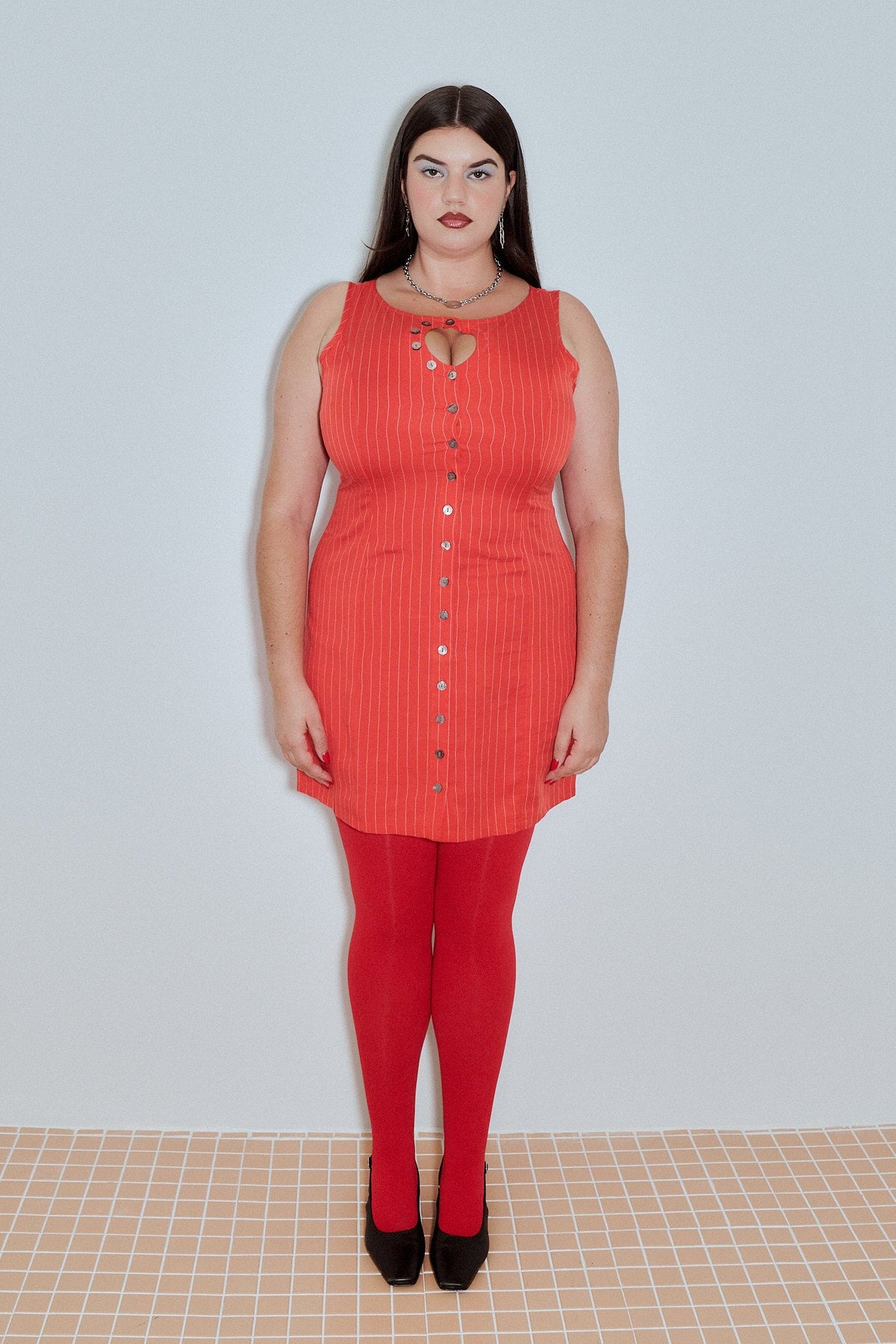 Unbuttoned Mini Dress Tencel Stripe Red