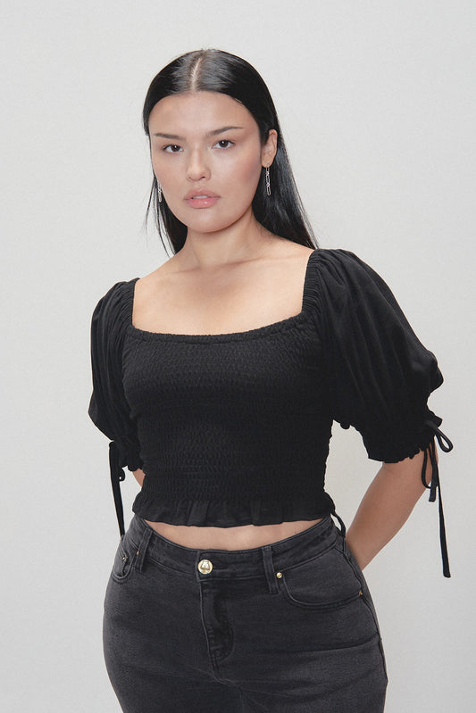 Smocked Blouse Soft Linen Black