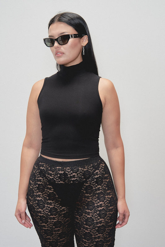 Mock Neck Tencel Rib Tank Black