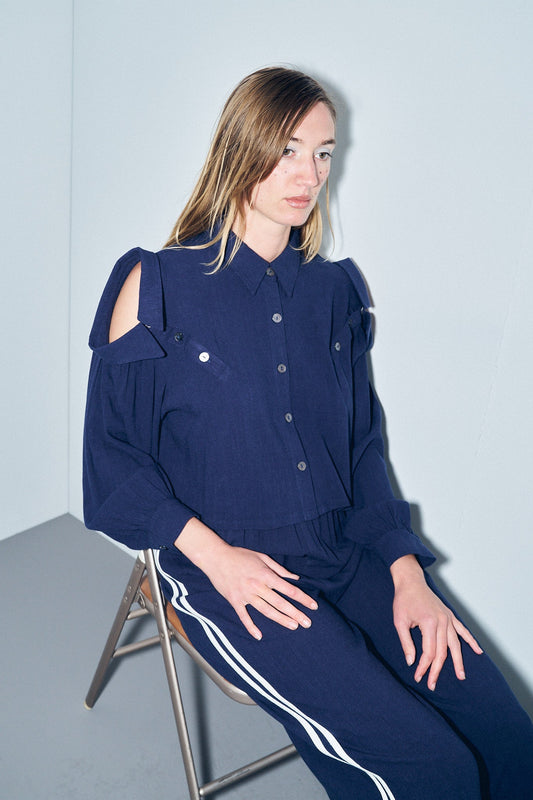 3 Collar Navy Long Sleeve Soft Linen Blouse