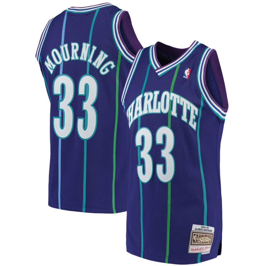 Men’s Alonzo Mourning Charlotte Hornets 1994-95 Purple Swingman Replica Jersey By Mitchell & Nessi