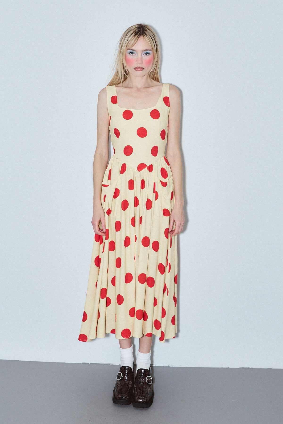 Tradwife Soft Linen Dress Red/Yellow Polka Dot