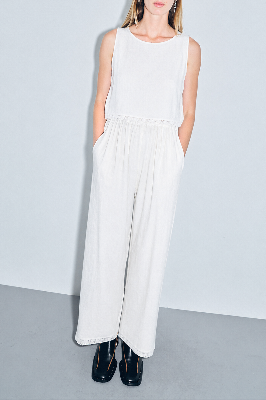 Soft Linen Lazy Pants Lace Trim White
