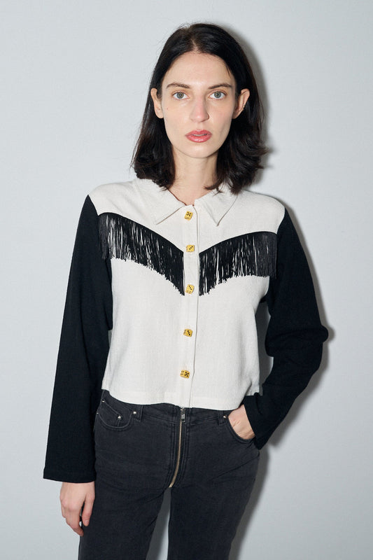High Roller Thick Linen Fringe Shirt Jacket Black/White