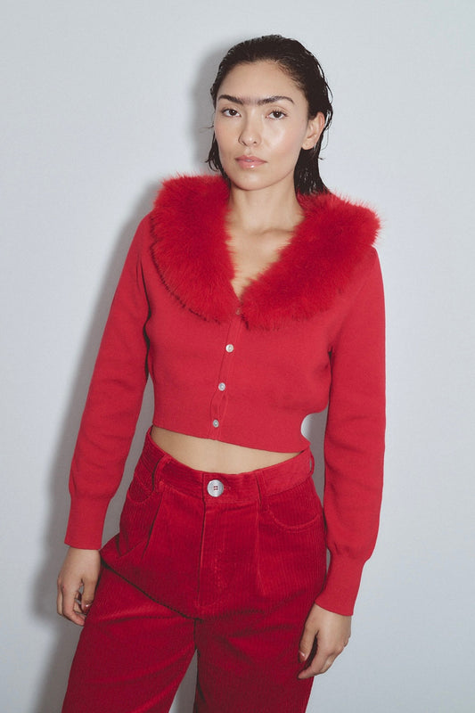 Red Fur Collar Cardigan