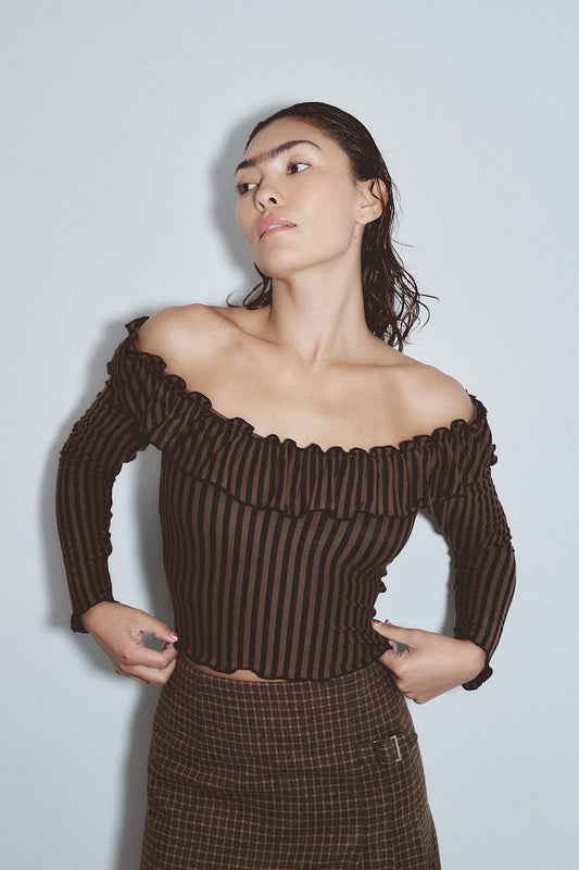 1 left - Ruffled Scoop Neck Tencel Long Sleeve Top Brown Stripe