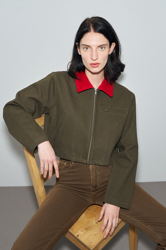 5 left - Canvas Construction Crop Jacket in Moss/red