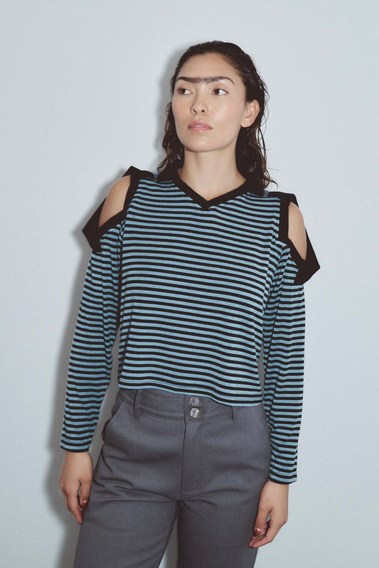 Long Sleeve 3 Collar Rugby Tee Blue Stripe