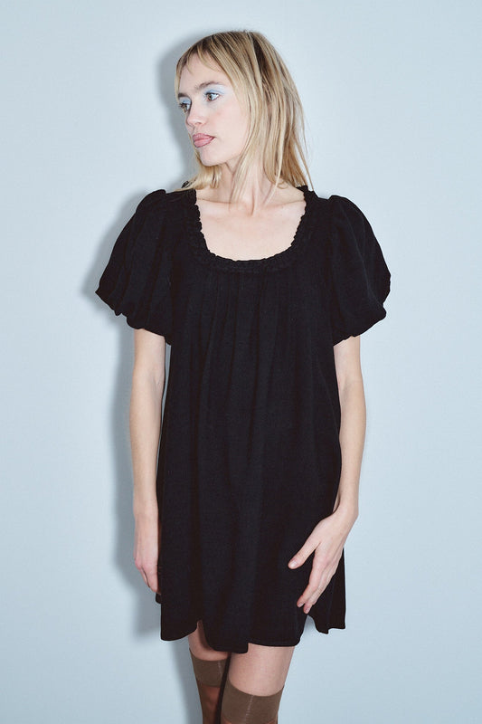 Soft Linen Babydoll Mini Dress Black