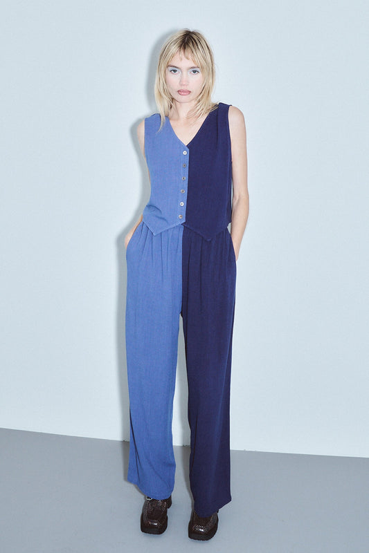 Vest & Pants Soft Linen Lazy Pants Set Blue/Navy