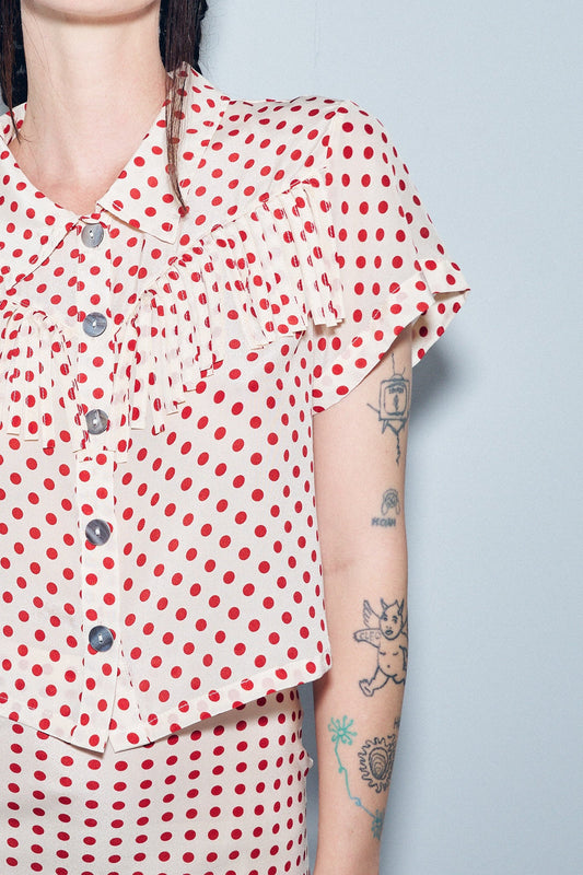 Silk Fringe Blouse Red Polka Dot