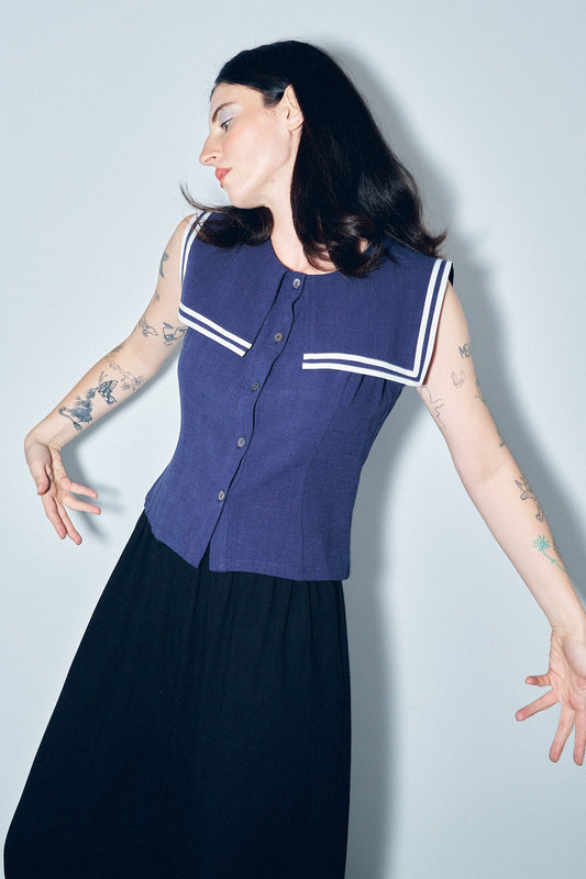 Sailor Linen Sleeveless Blouse Navy