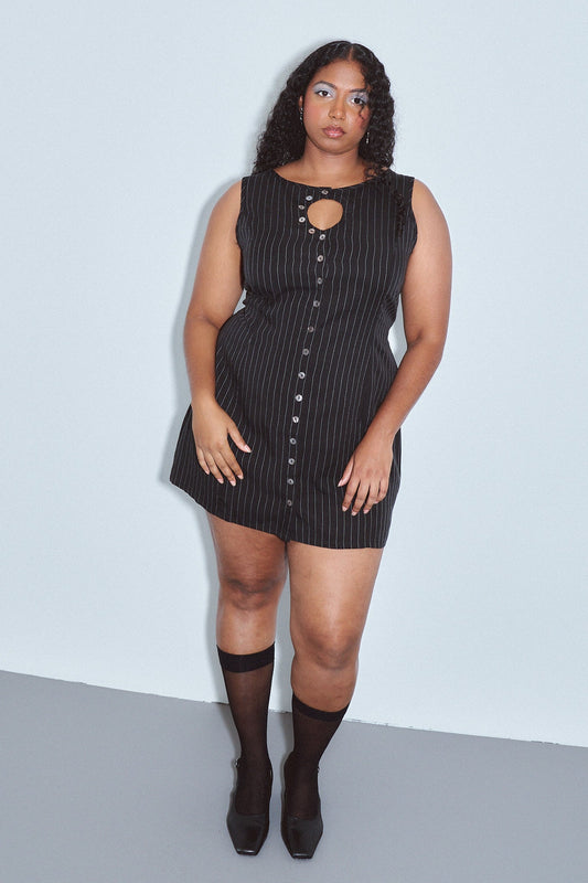 Unbuttoned Mini Dress Tencel Stripe Black