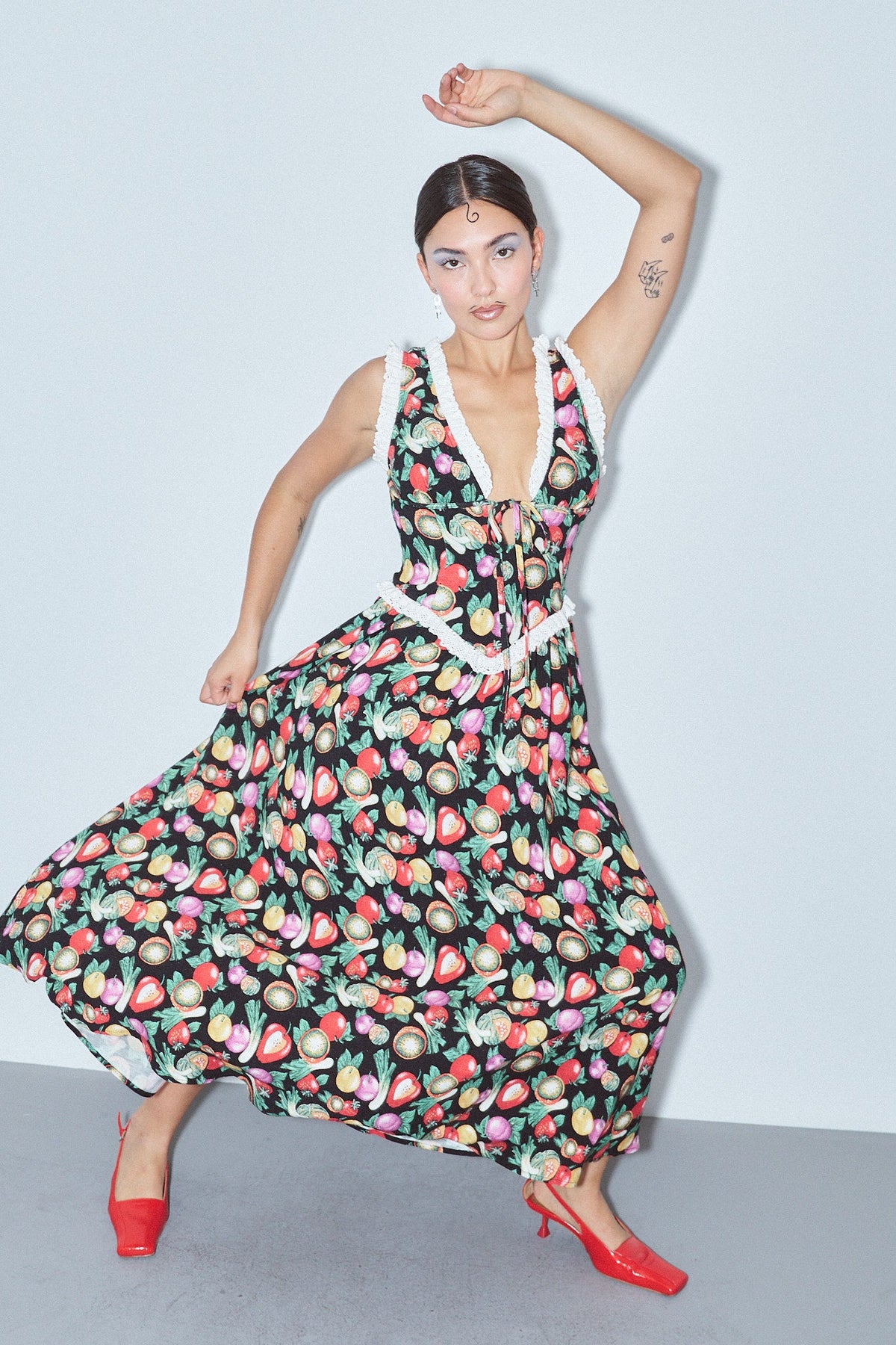 Plunge Soft Linen Maxi Dress Vegetable Medley