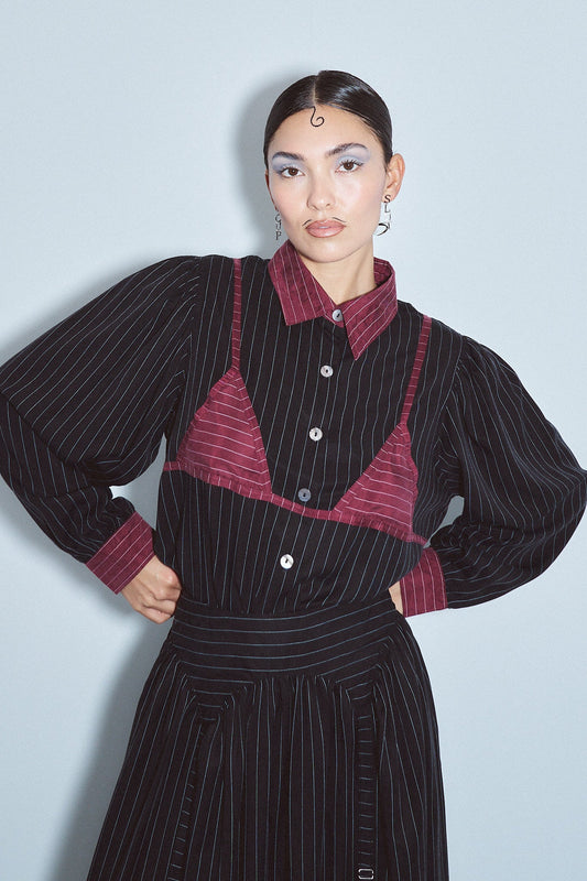 Tencel Stripe Bikini Bod Blouse Black/Maroon