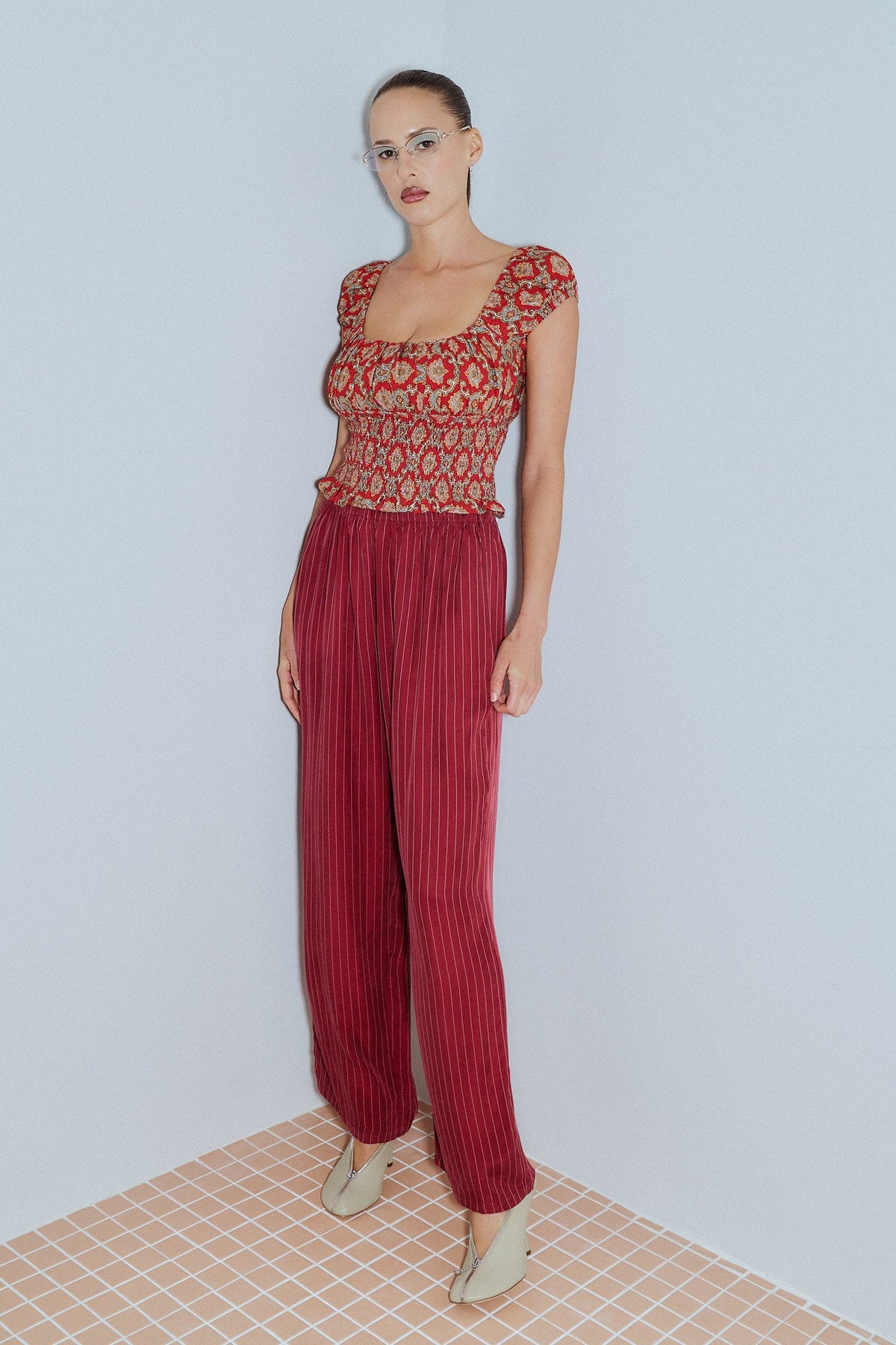 Soft Linen Smocked Waist Blouse Fancy Red Couch