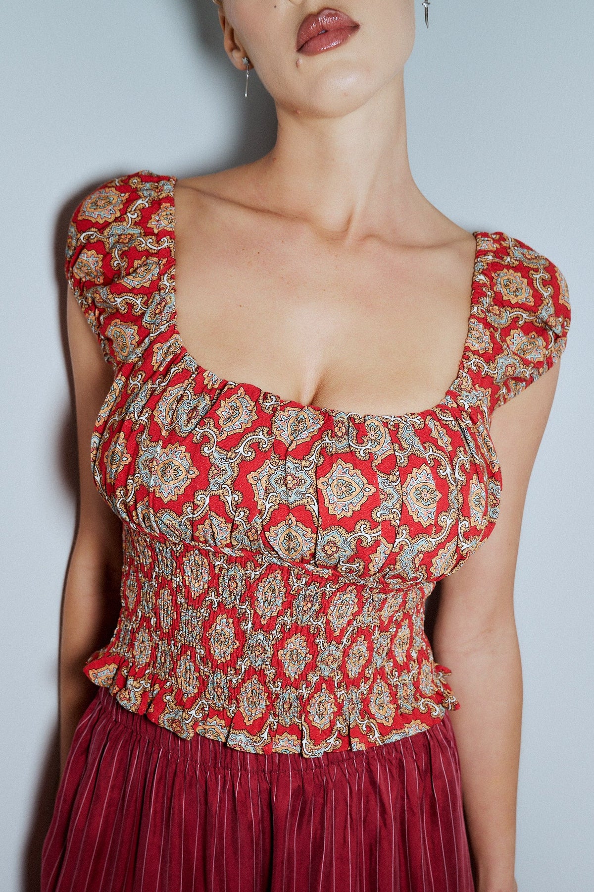 Soft Linen Smocked Waist Blouse Fancy Red Couch