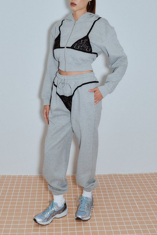 Lace Bikini Bod Zip-up Sweatpants Gray/Black