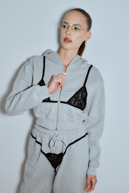 Lace Bikini Bod Zip-Up Sweatshirt Gray/Black